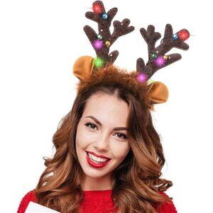 LED Reindeer Antlers Headband - Light-Up with Bells for Christmas